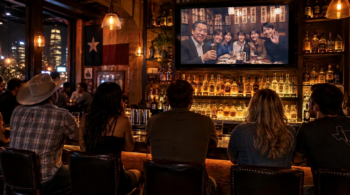 Patrons at an Austin bar raising drinks toward the big screen above the back bar, which shows a live feed of a packed Tokyo bar waving back